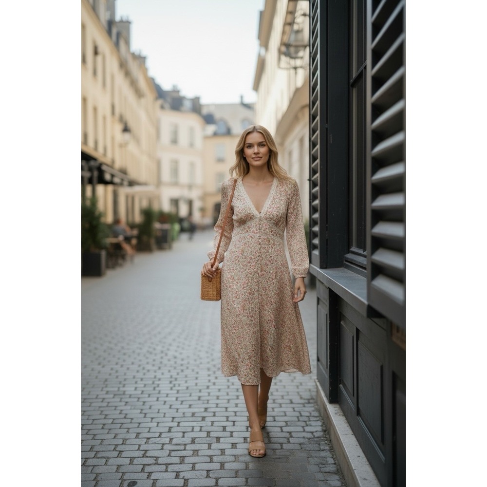 Zara Floral V-Neck 3/4 Sleeve A-Line Viscose Lace Trim Midi Dress, cottagecore - Picture 3 of 3